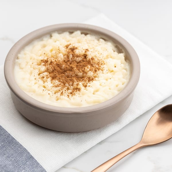 Creamy rice pudding in a gray bowl, topped with cinnamon, on a white napkin with a copper spoon.